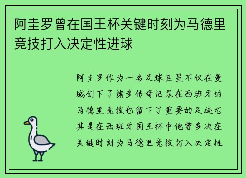 阿圭罗曾在国王杯关键时刻为马德里竞技打入决定性进球 阿圭罗曾在国王杯关键时刻为马德里竞技打入决定性进球