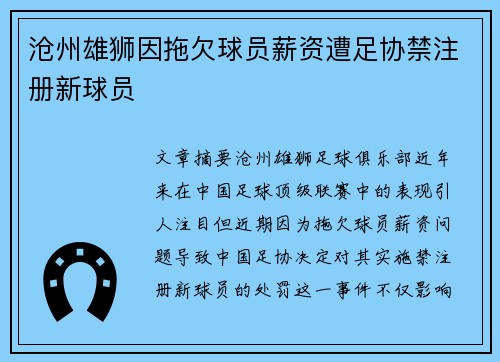 沧州雄狮因拖欠球员薪资遭足协禁注册新球员 沧州雄狮因拖欠球员薪资遭足协禁注册新球员