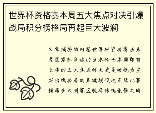 世界杯资格赛本周五大焦点对决引爆战局积分榜格局再起巨大波澜 世界杯资格赛本周五大焦点对决引爆战局积分榜格局再起巨大波澜